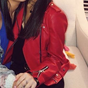 Coffee shop red leather jacket
